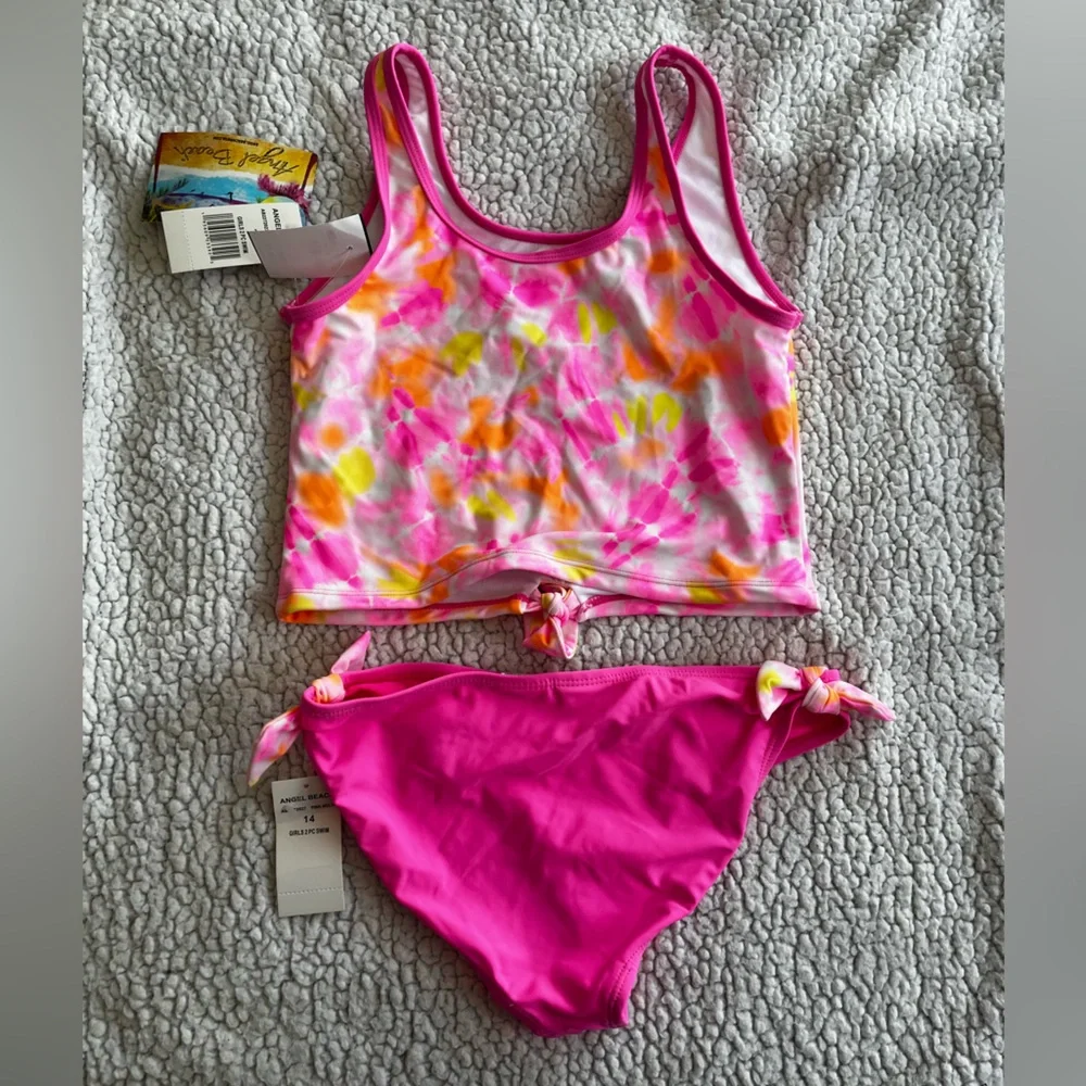 NWT - Angel Beach - Girls Size 14 - Pink Tie-Dye Tankini Swimsuit